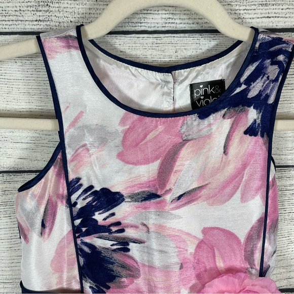 Pink & Violet Girl's Pink and Navy Floral Print Flower Dress Sz 6 - Picture 2 of 11